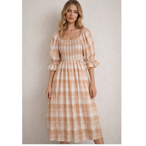Aura Dresses & Skirts - AURA Plaid Midi Dress Women Medium Orange White Smocked Puff Sleeve prairie